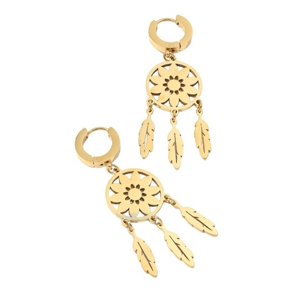 New Gold Dream Catcher Feather Frnged Alloy Dangle Earring 0S - Picture 1 of 4